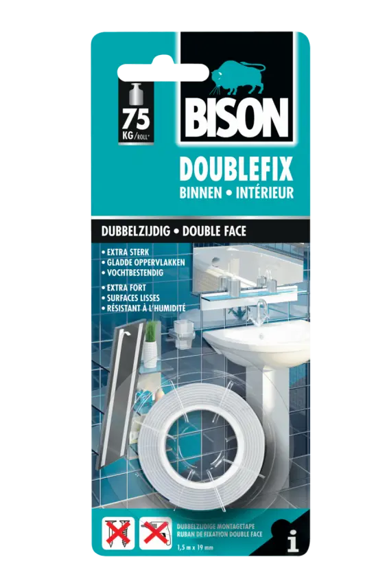 Bison Dubbelzijdige Tape - 1,5 m x 19 mm - wit
