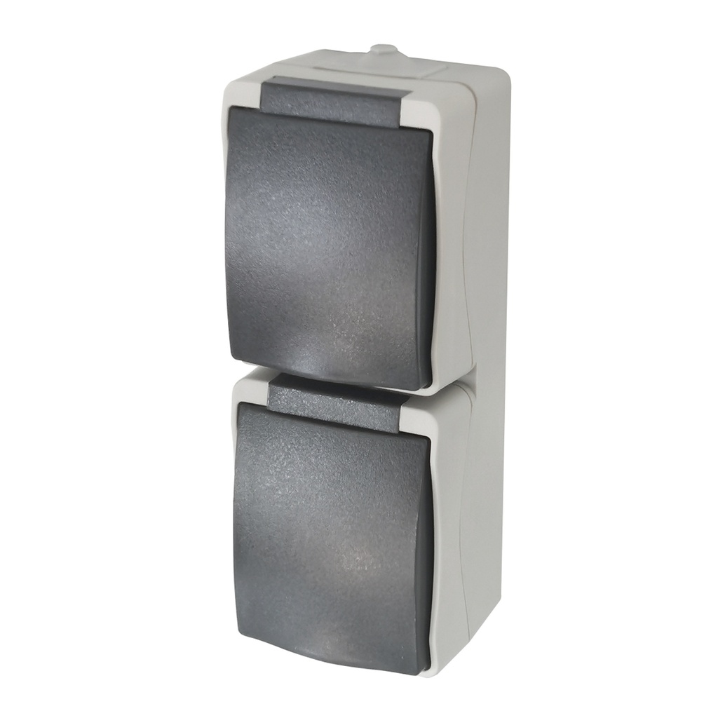 Profile Opbouwstopcontact 2-polig +Aarding 2-voudig Verticaal Spatwaterdicht Grijs