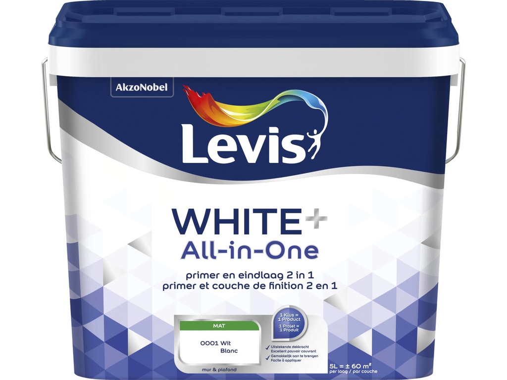 LEVIS WHITE+ All-in-one muur- en plafondverf extra mat 5l wit