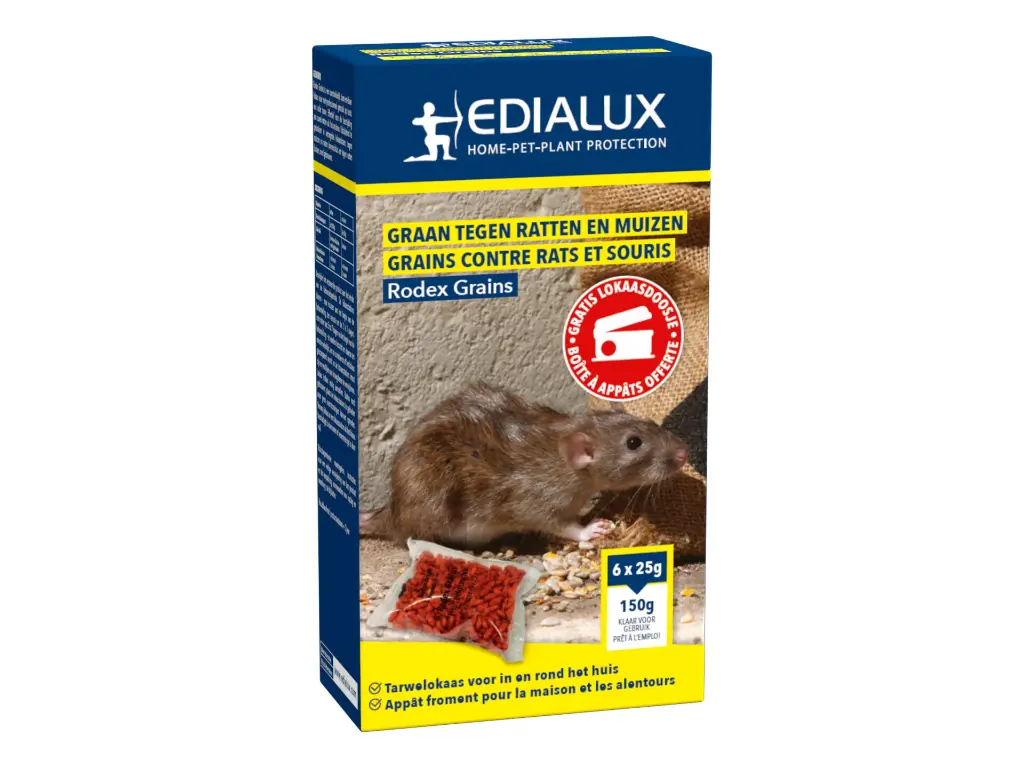 Edialux Rodex Grains Graan Tegen Ratten en Muizen 6x25 g + Lokaasdoos