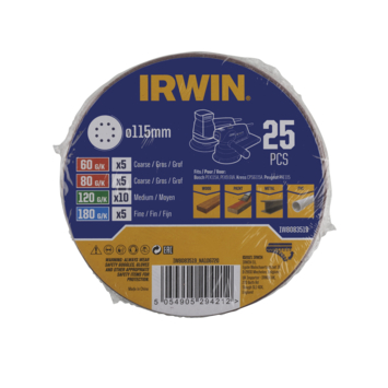 IRWIN Set Schuurschijven Zelfklevend Ø115mm  K60/K80/K120/K180 25 PCS
