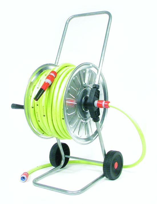 Haspel, gemonteerd 50m - 5/8" met gele tuinslang en 1/2" pvc koppelingen, volledig verzinkt