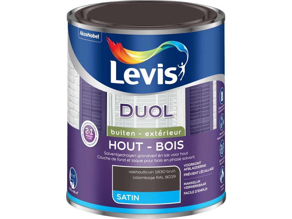 Levis Duol Lak & Primer 2 in 1 Zijdeglans Vakhoutbruin 750 ml