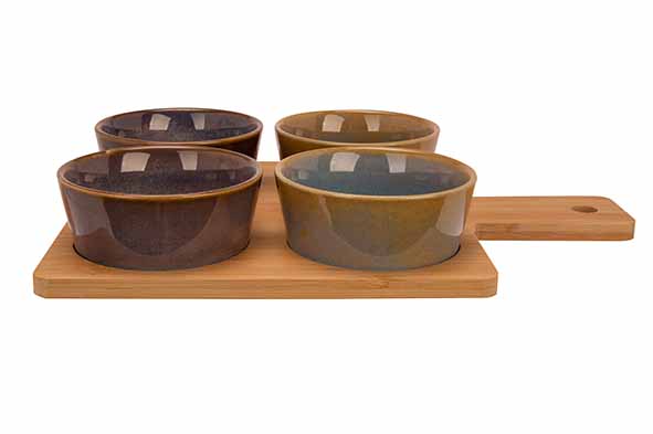 SERVEERPLANK 31X21.5XH1CM BAMBOE + 4 BOWLS MULTI-KLEUR D10X4CM
