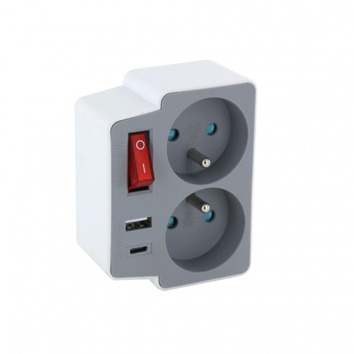 [CH48150] Domino Wit 2x16A + USB-A + USB-C + Schakelaar