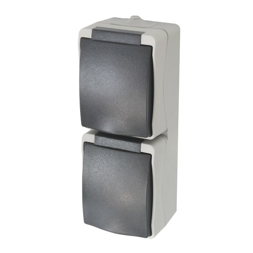 [425001066] Profile Opbouwstopcontact 2-polig +Aarding 2-voudig Verticaal Spatwaterdicht Grijs