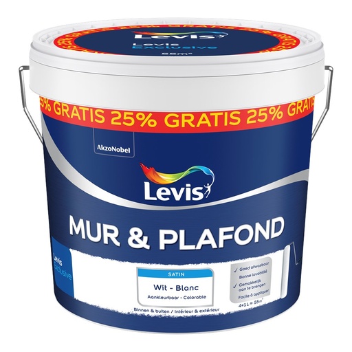 Levis Store Muur- & Plafond verf 4+1L - Wit Satin Aankleurbaar