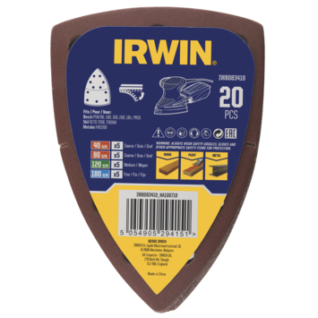 [IW8083410] IRWIN Set Schuurvellen voor Multischuurmachines BOSCH, SKIL, LUX en METABO Zelfklevend K40/K80/K120/K180 20 PCS