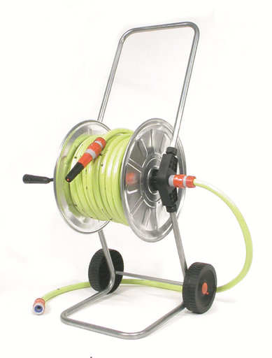 [RS4853S6] Haspel, gemonteerd 25m - 1/2" met gele tuinslang en 1/2" pvc koppelingen, volledig verzinkt